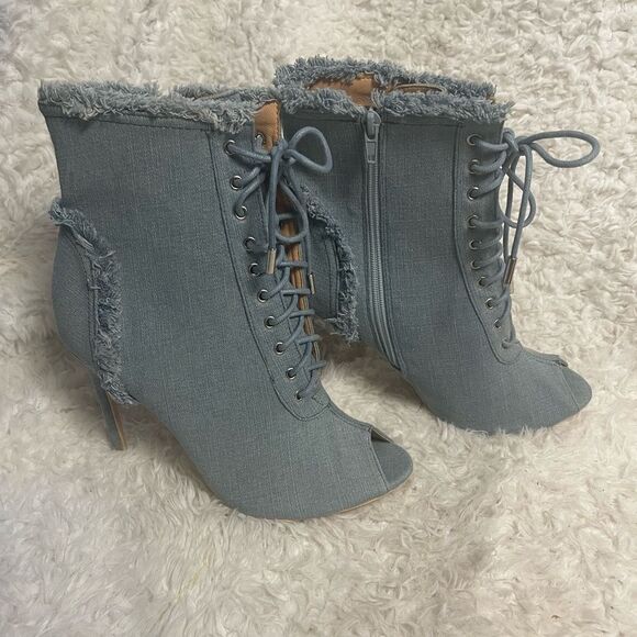 Bella Marie Frayed Denim Peep Toe Lace Up Stiletto Ankle Boots side zipper SZ10 - Picture 3 of 15